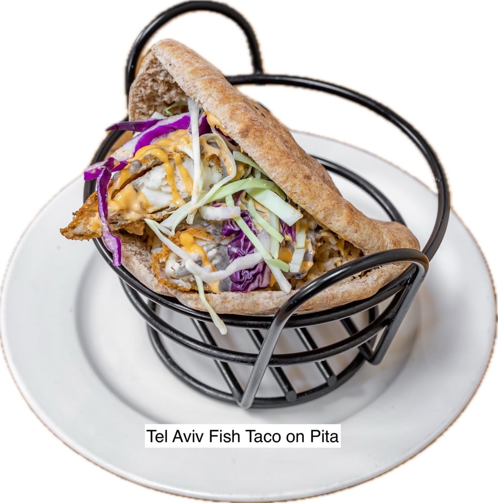 Tel Aviv Fried Fish, Mexican Rice, Chipotle Mayo, Pico de Gallo, Cabbage, choice of Bread