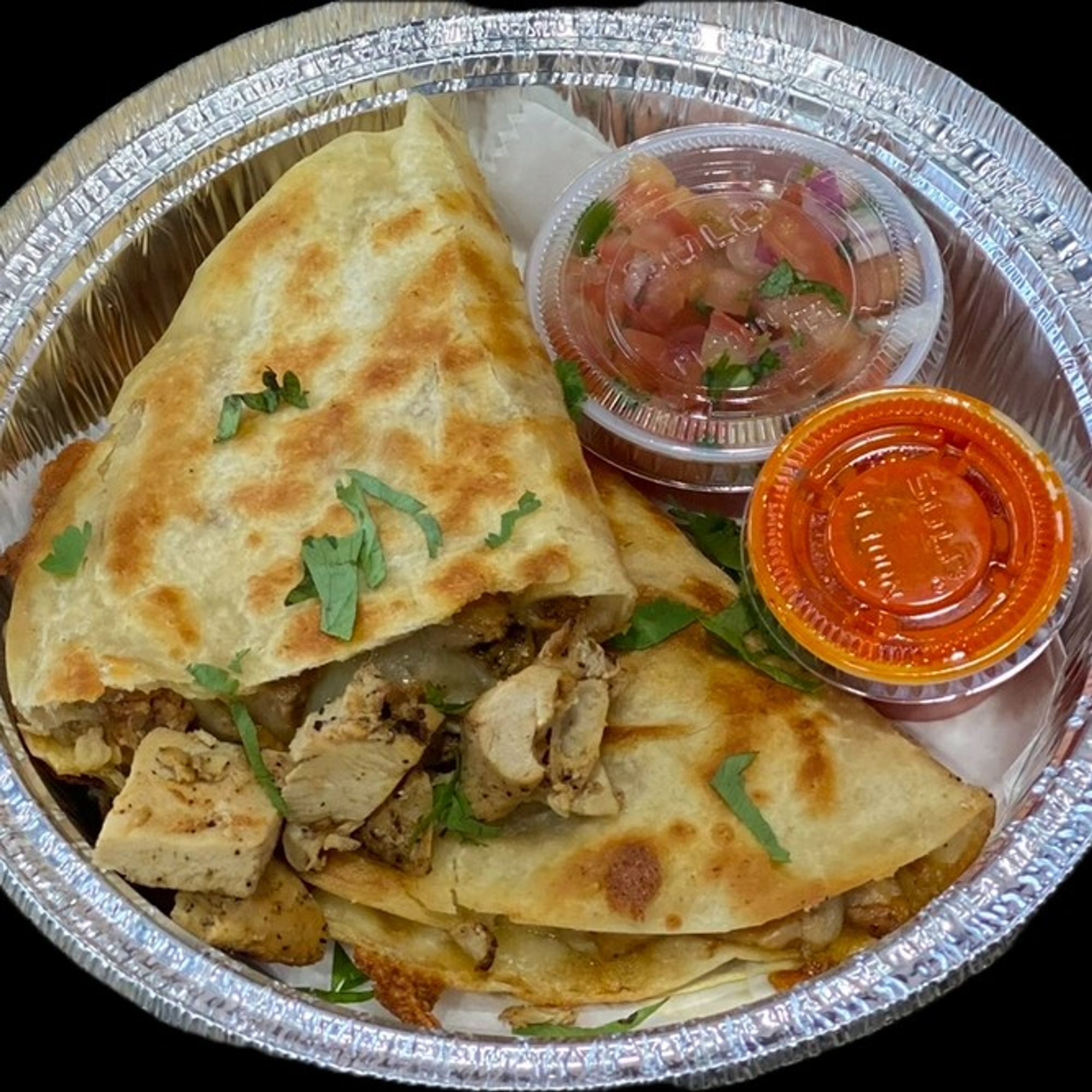 20 Quesadillas Pork, Chicken or Veggies Plus 32 oz of Pico de Gallo and 32 oz of Sour Cream