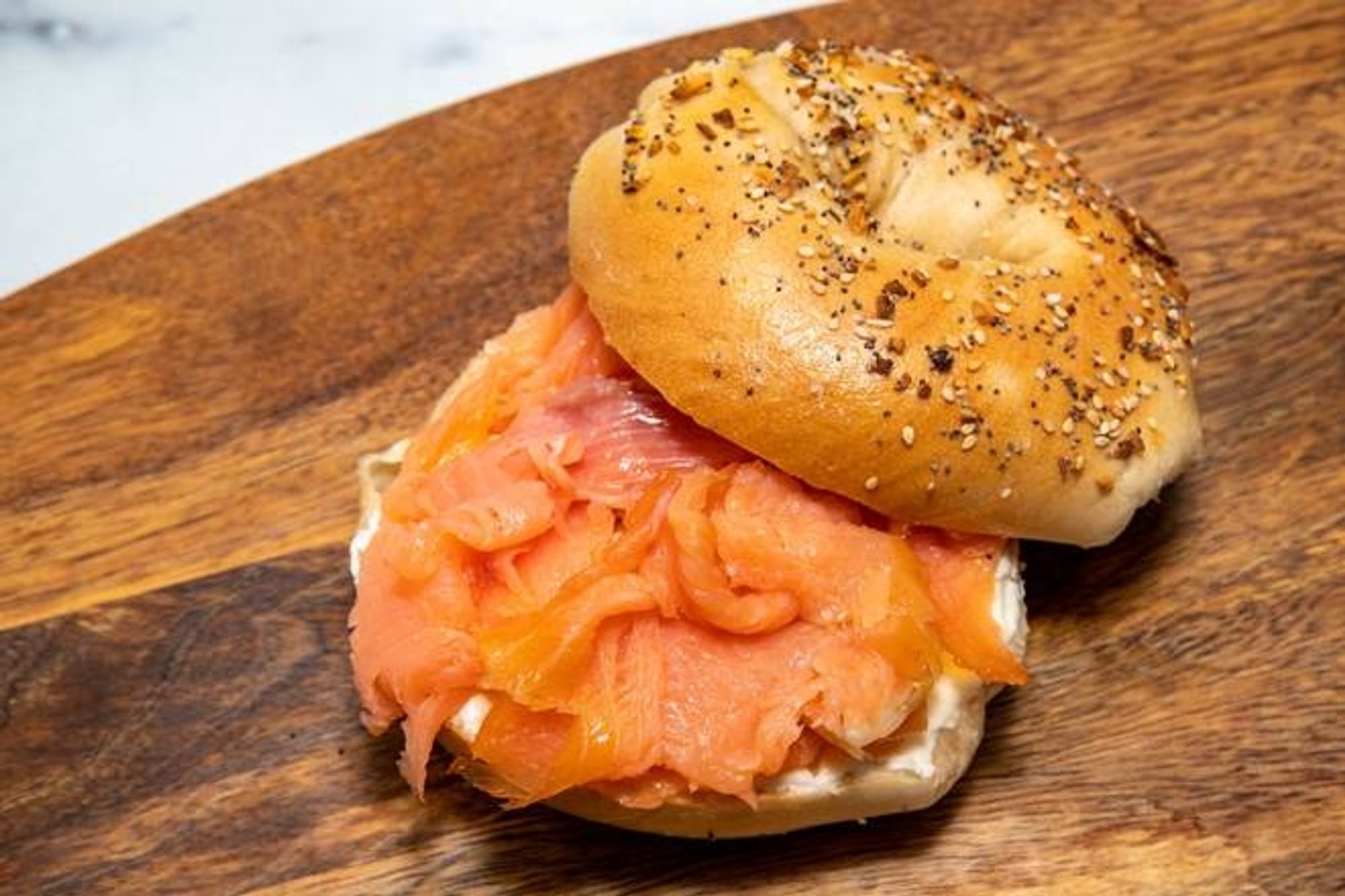 Sliced Lox and Plain Cream Cheese on a Bagel
