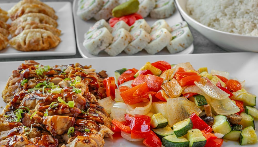 Chicken, Rice, Veggies, 10 Pc Potstickers, & 20 Pc California Roll