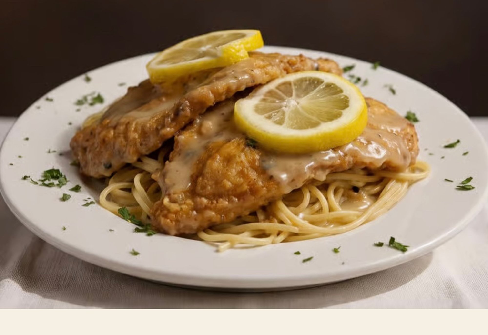 Chicken Frances Over Linguine