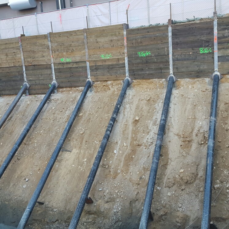 raker for shoring welded to soldier columns for future high rise building, on downtown L.A