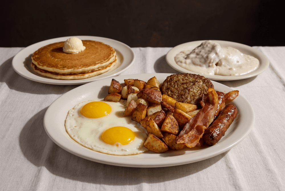 Eggs, Bacon, Sausage & Pancake