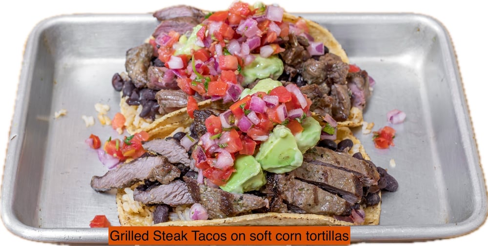 Carne Asada Tacos, 2 Corn Tortillas, Mexican Brown Rice, Black Beans, Pico de Gallo, Avocado Hummus