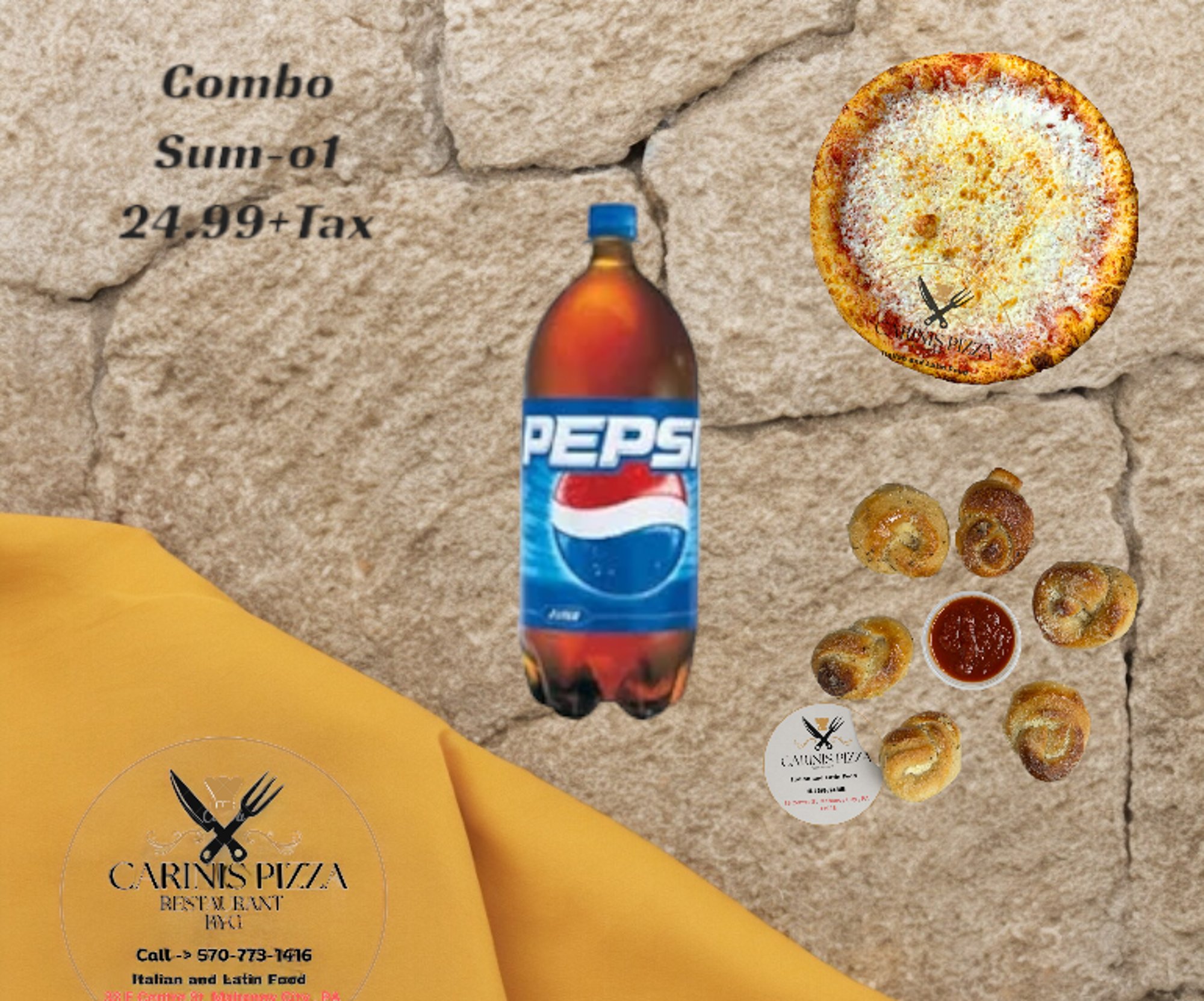 Special (1) 2 Large Cheese Pizza Garlic Knots, 2 Liter Pepsi