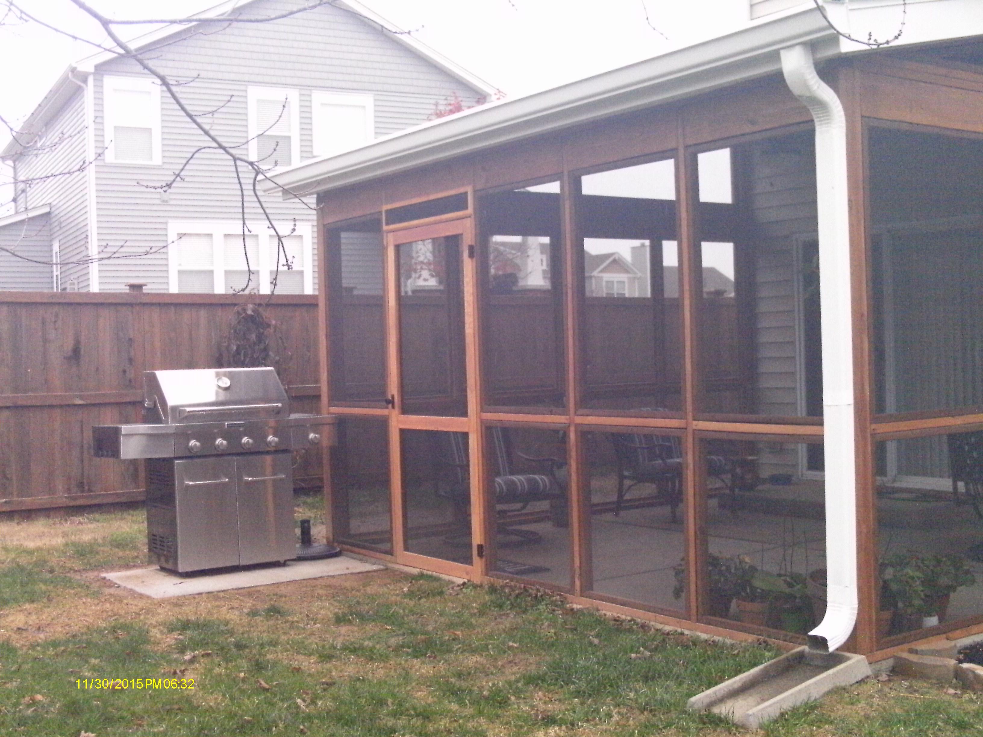 The customer wanted a screened in porch to enjoy their backyard further. Their dreams became a reality! There was an existing concrete pad that was extended and built on as the base of the porch. We also added a concrete pad that is attached to the outside of the porch for the grill. 