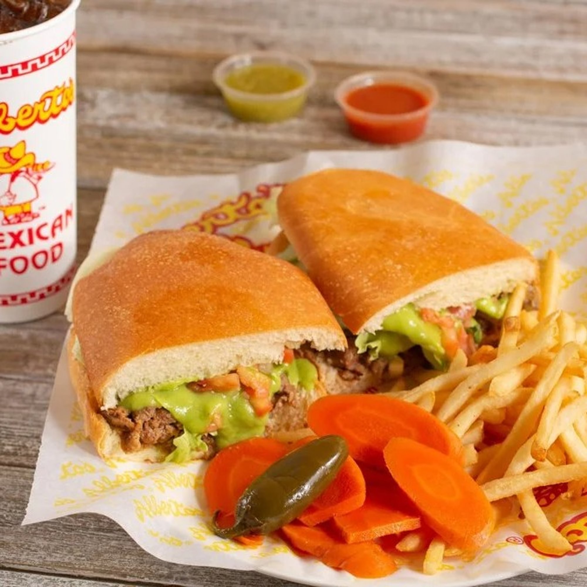Torta Asada, Fries and Drink