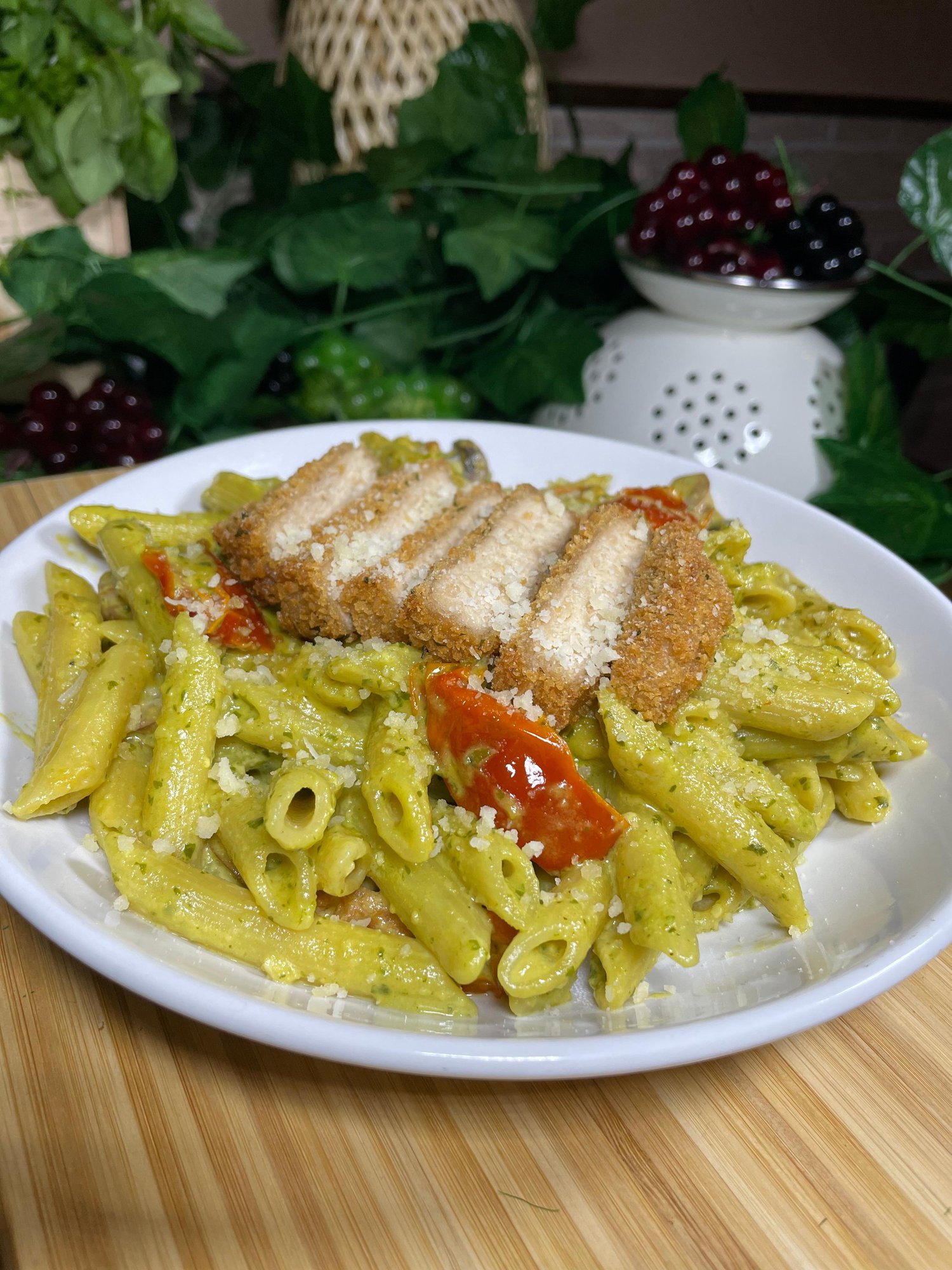 Pesto Penne with Crispy Chicken