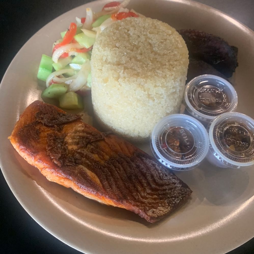 Grilled Salmon with Corned Beef Rice