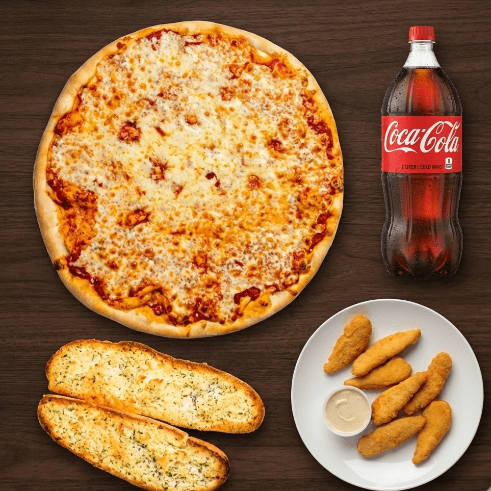 1 Large (16") Cheese Pie, Any Appetizer, Garlic Bread & 2 Liter Soda