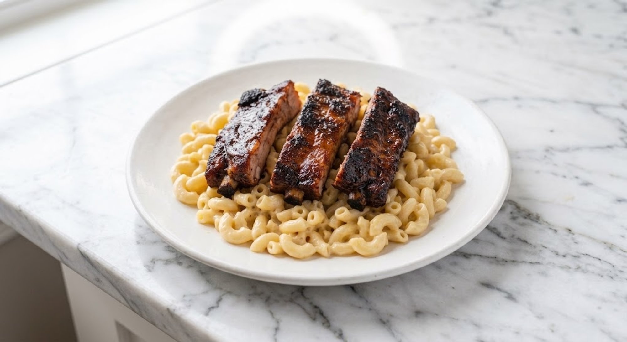 Mac & BBQ Ribs (Elbow pasta in creamy cheesy Alfredo sauce with BBQ ribs, 4 pcs)