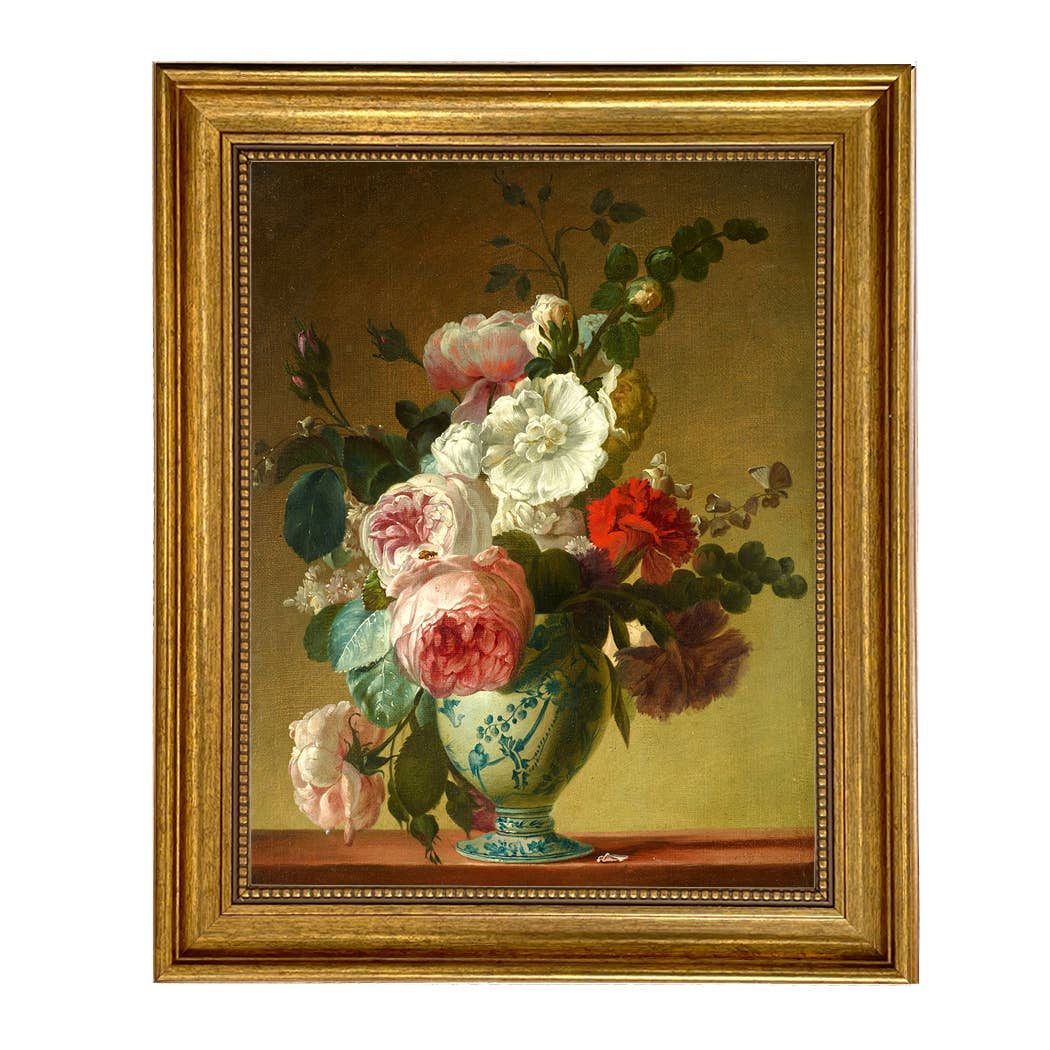 Floral Still Life with Peonies and Roses Oil Painting Print: Antiqued Gold / 11" x 14"