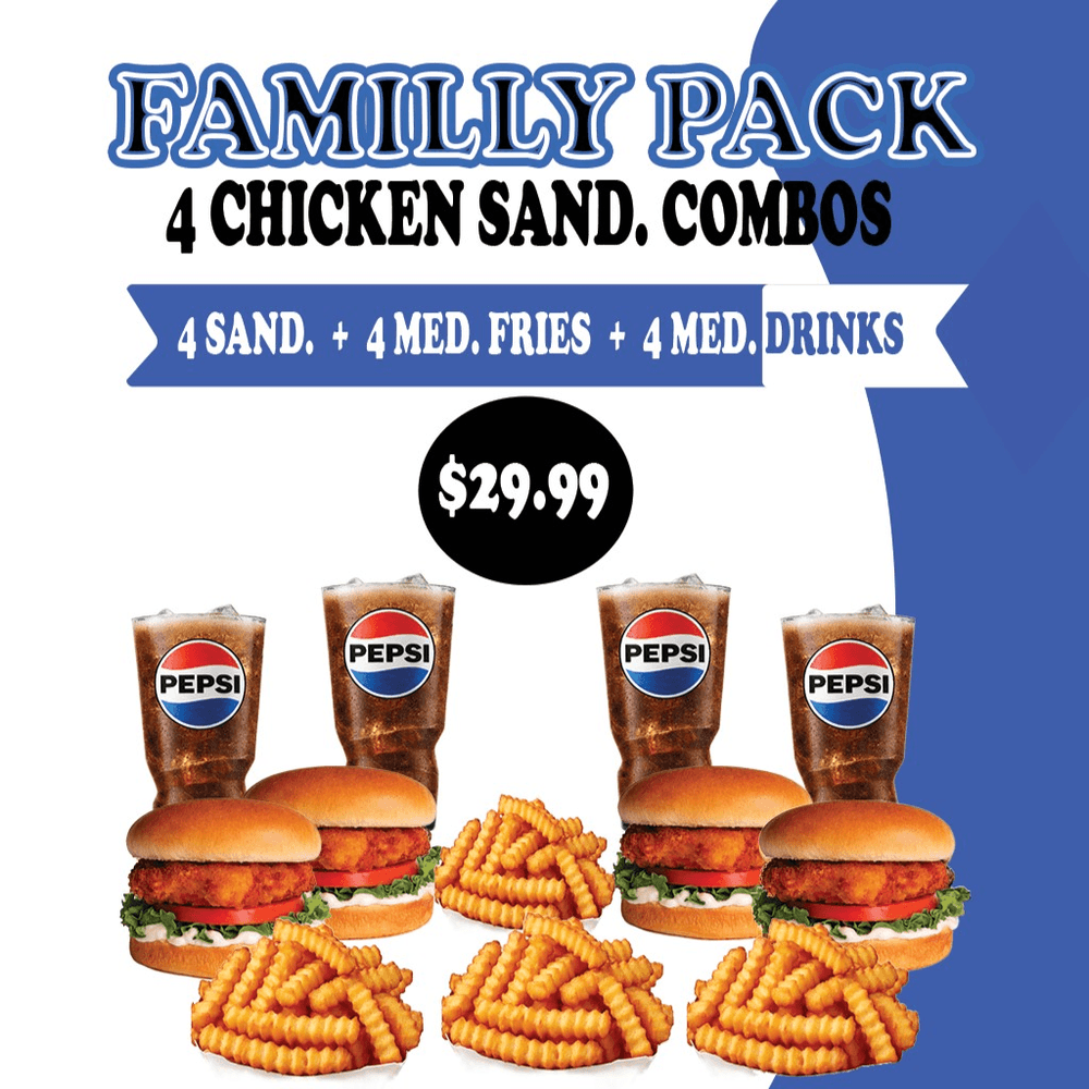 4 Crispy Chicken Burgers / 4 Fries / 4 Drinks