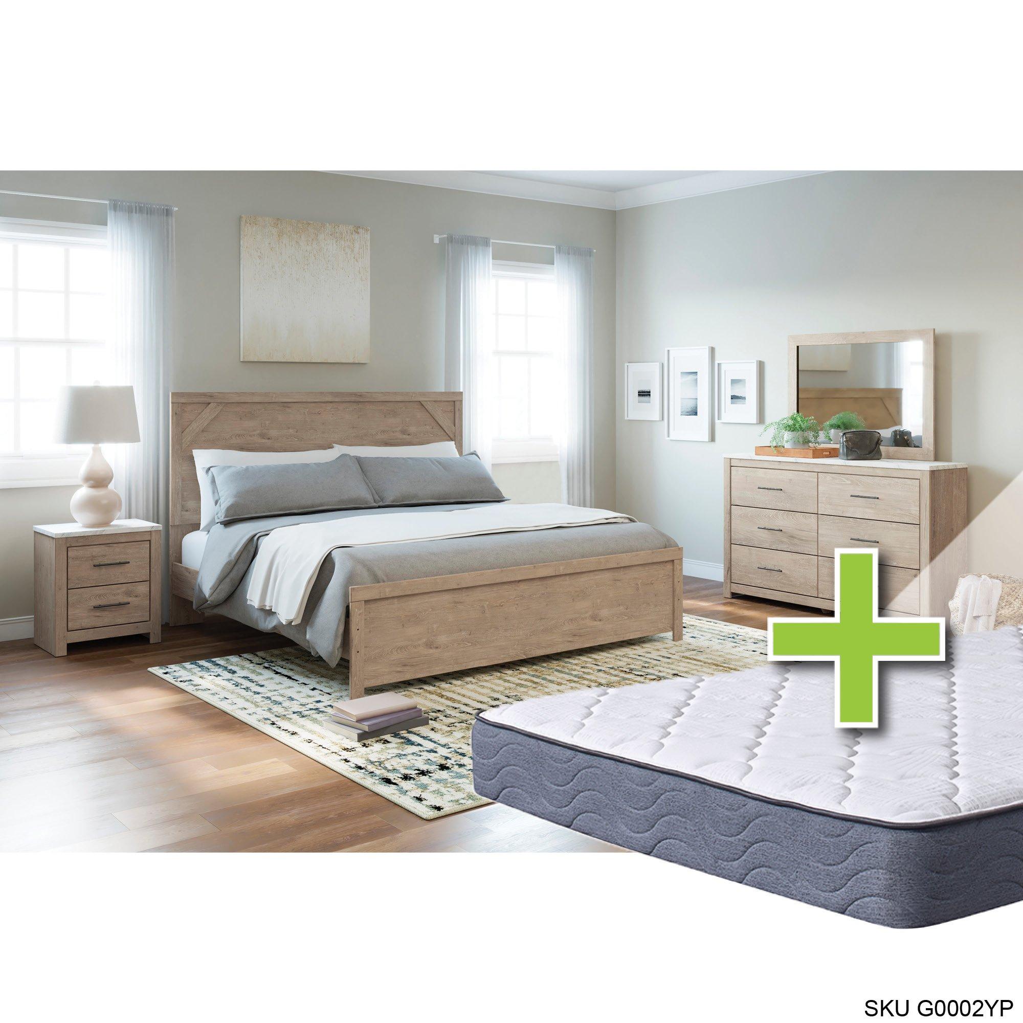 Queen Senniberg Bed w/9.5" Tight Top Extra Firm Memory Foam Mattress & Dresser, Mirror, Nightstand