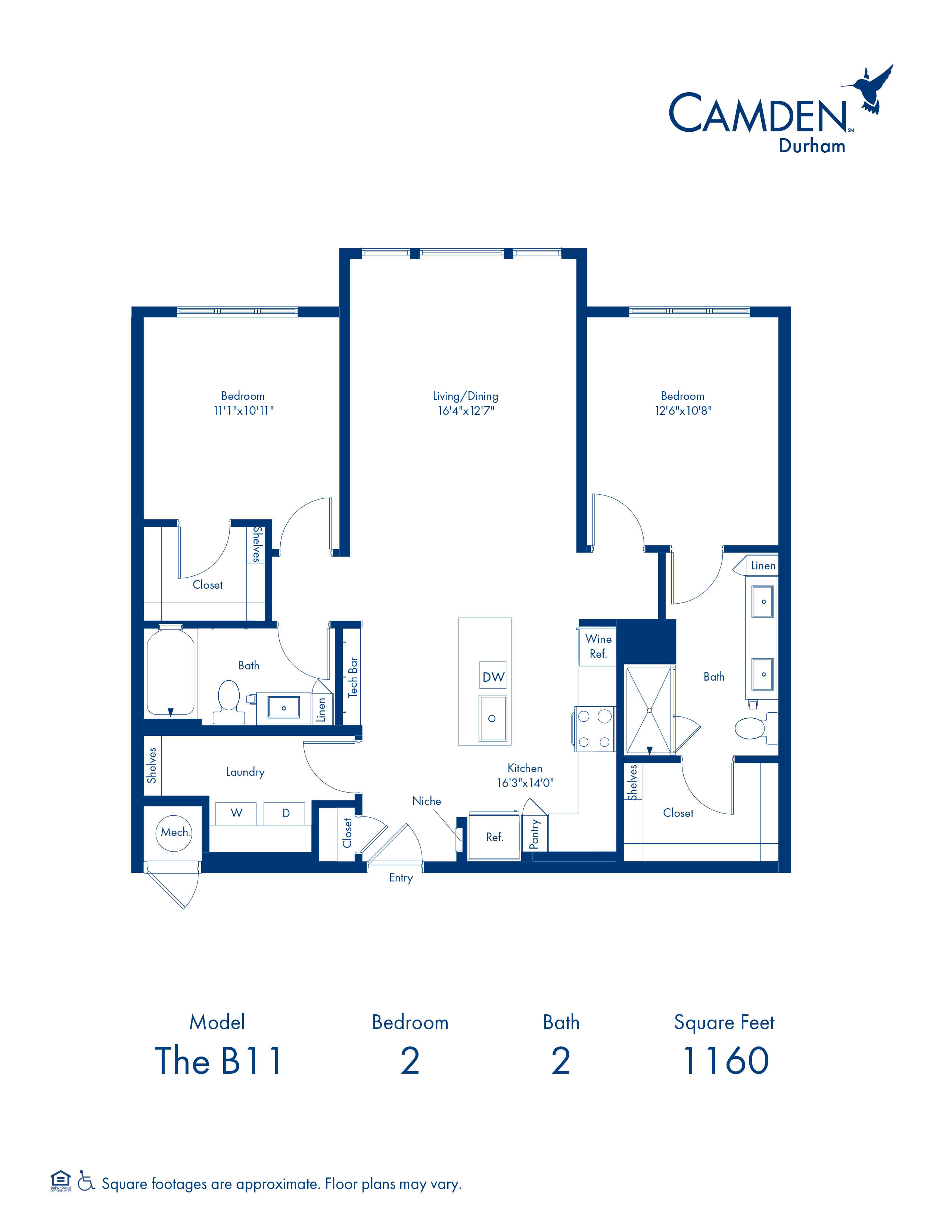 B11 Floor Plan with 2 Bedrooms and 2 Bathrooms at Camden Durham in Durham, NC