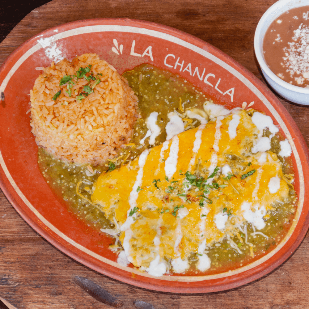 2 Enchiladas with Rice and Beans
