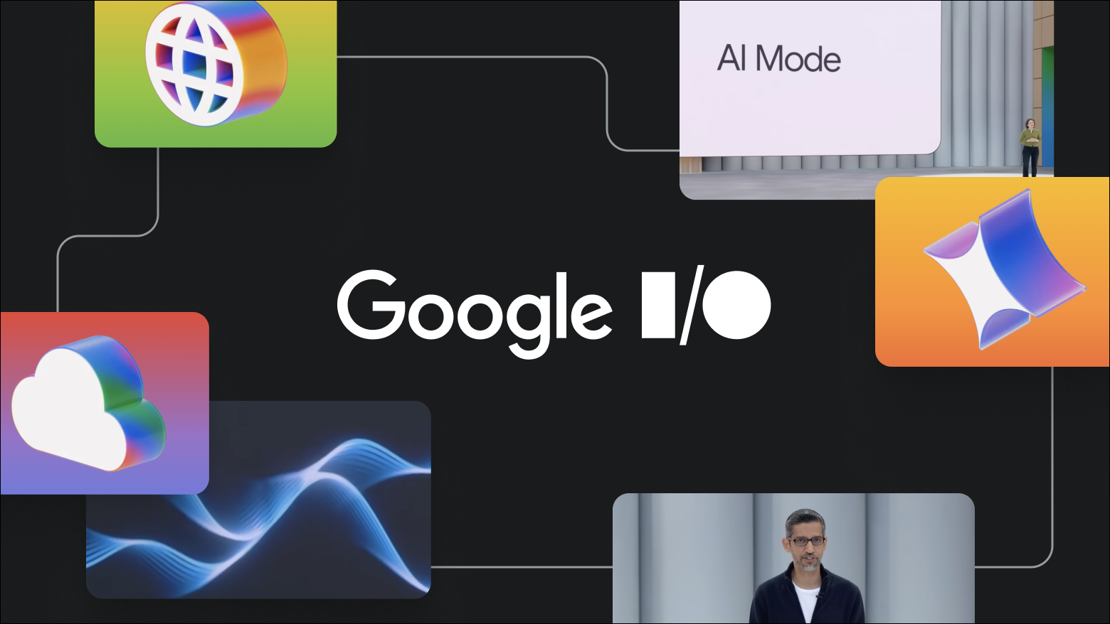 Image with various screens and items with the Google logo that summarize the Google I/O conference in 2025 AI search updates
