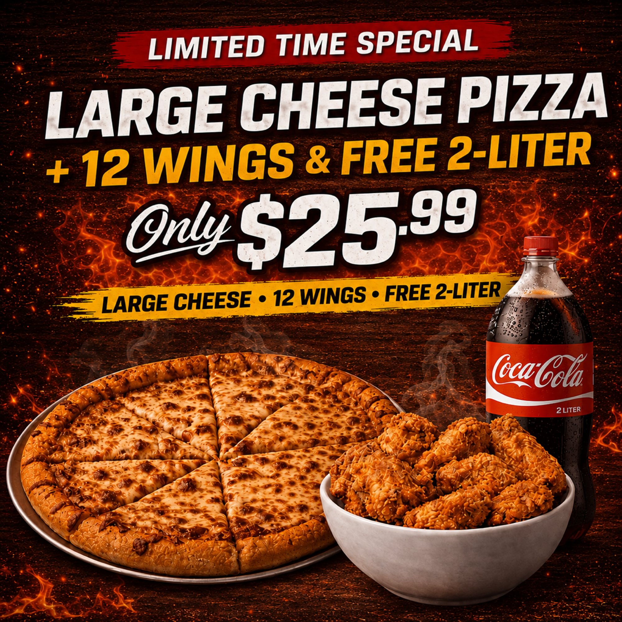 Large Ch Pizza + Side wings or fingers + 2 LT Soda