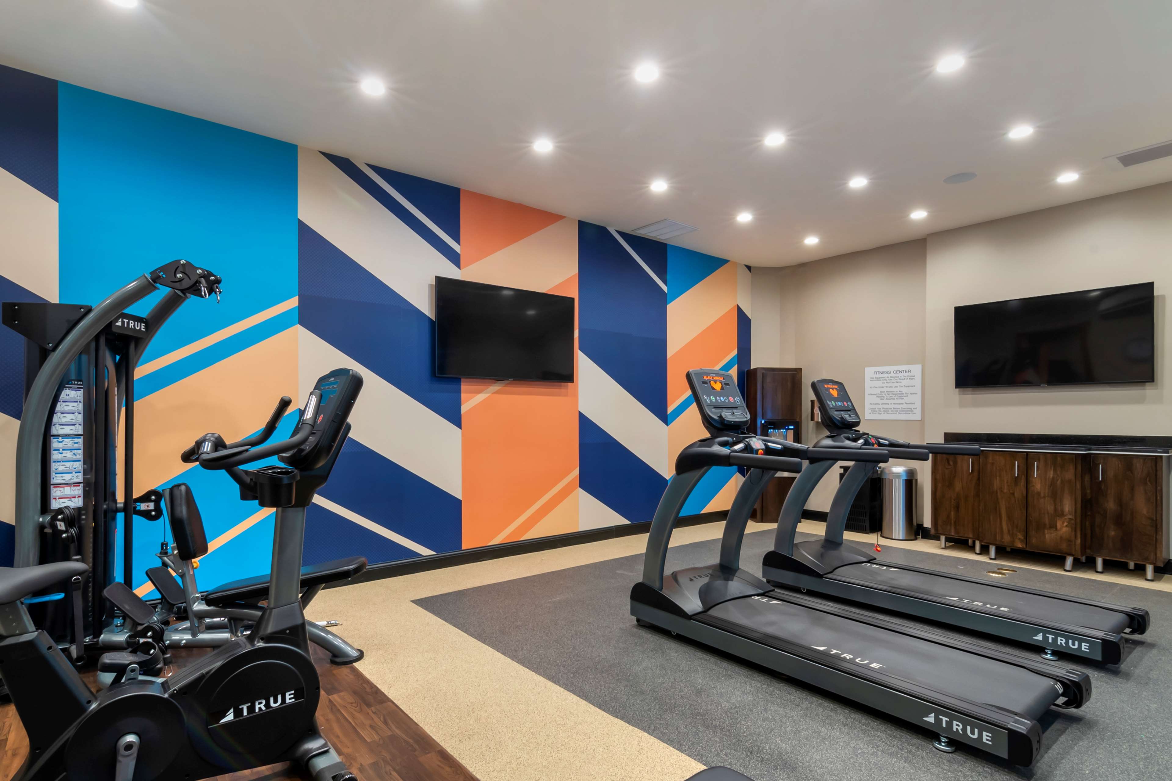 The spacious fitness center is open 24-hours and offers a wide variety of equipment like elliptical, exercise balls, free weights, yoga mats, medicine balls, and more.