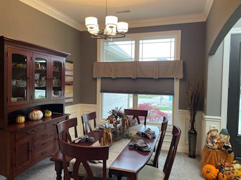 Our Honeycomb Shades and Valances truly add panache to this already regal dining room here in Plainfield, Indiana. We're sure every meal served on that dining table will be fit for a king!  BudgetBlindsPlainfield  PlainfieldIN  HoneycombShades  CustomValances  FreeConsultation  WindowWednesday