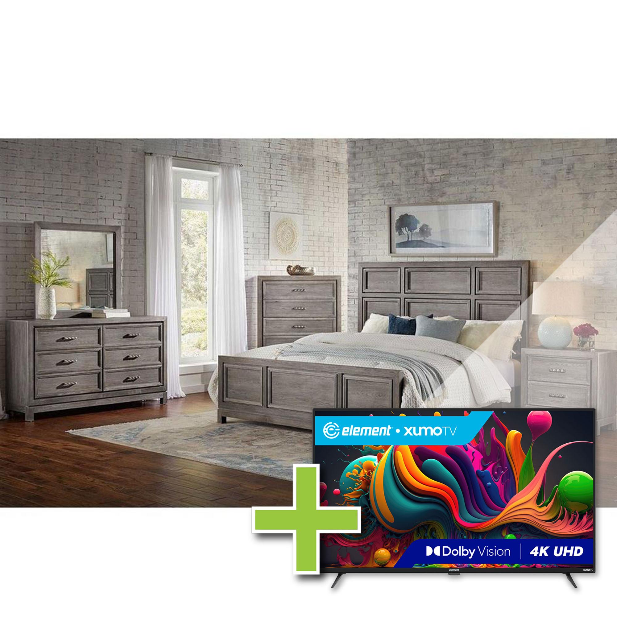 Queen Linton Bed w/Chest, Dresser, Mirror, Nightstand + 50" Element TV