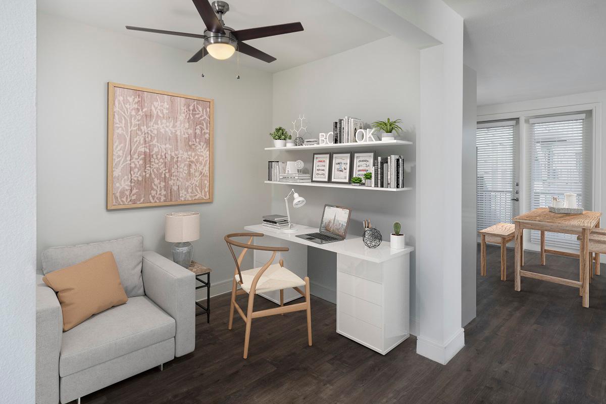 Flats flex space shown with a desk and reading nook