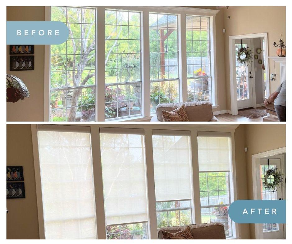 Check out this amazing before and after! We love how the addition of Solar Shades filters the sunlight, but still gives us a picture-perfect view of that gorgeous Owasso backyard!  BudgetBlindsOwasso  FreeConsultation  SolarShades  WindowWednesday