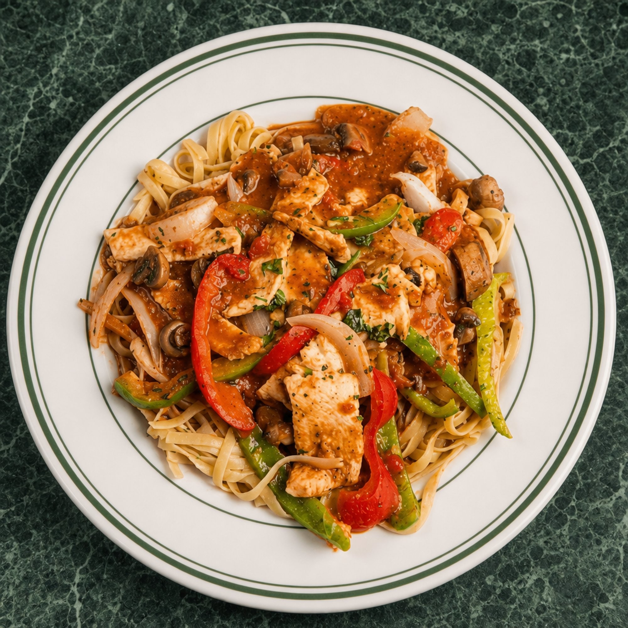 Chicken Cacciatore over Fettuccini