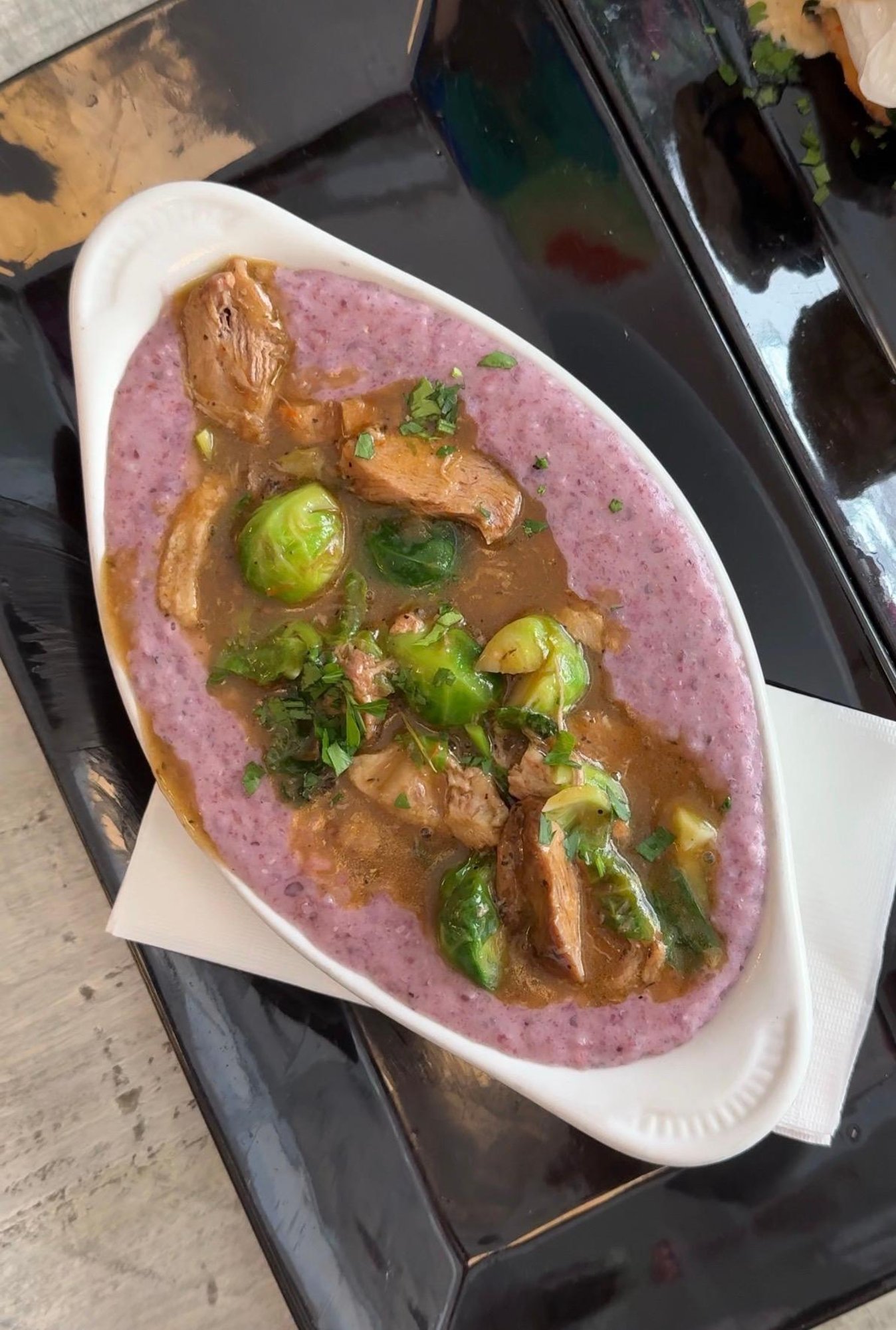 Purple Grits & Duck w/ Brussels Sprouts