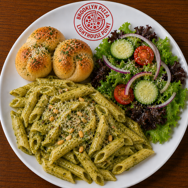 Lunch Pesto Pasta (2 Garlic Knots + Side Salad)