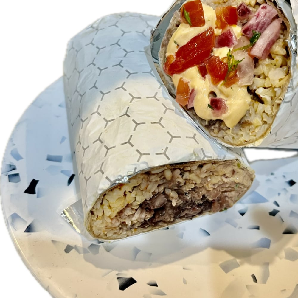 Mexiganoush Black Bean Falafel Burrito, Mexican Brown Rice, Black Beans, Chipotle Mayo, Babaghano...