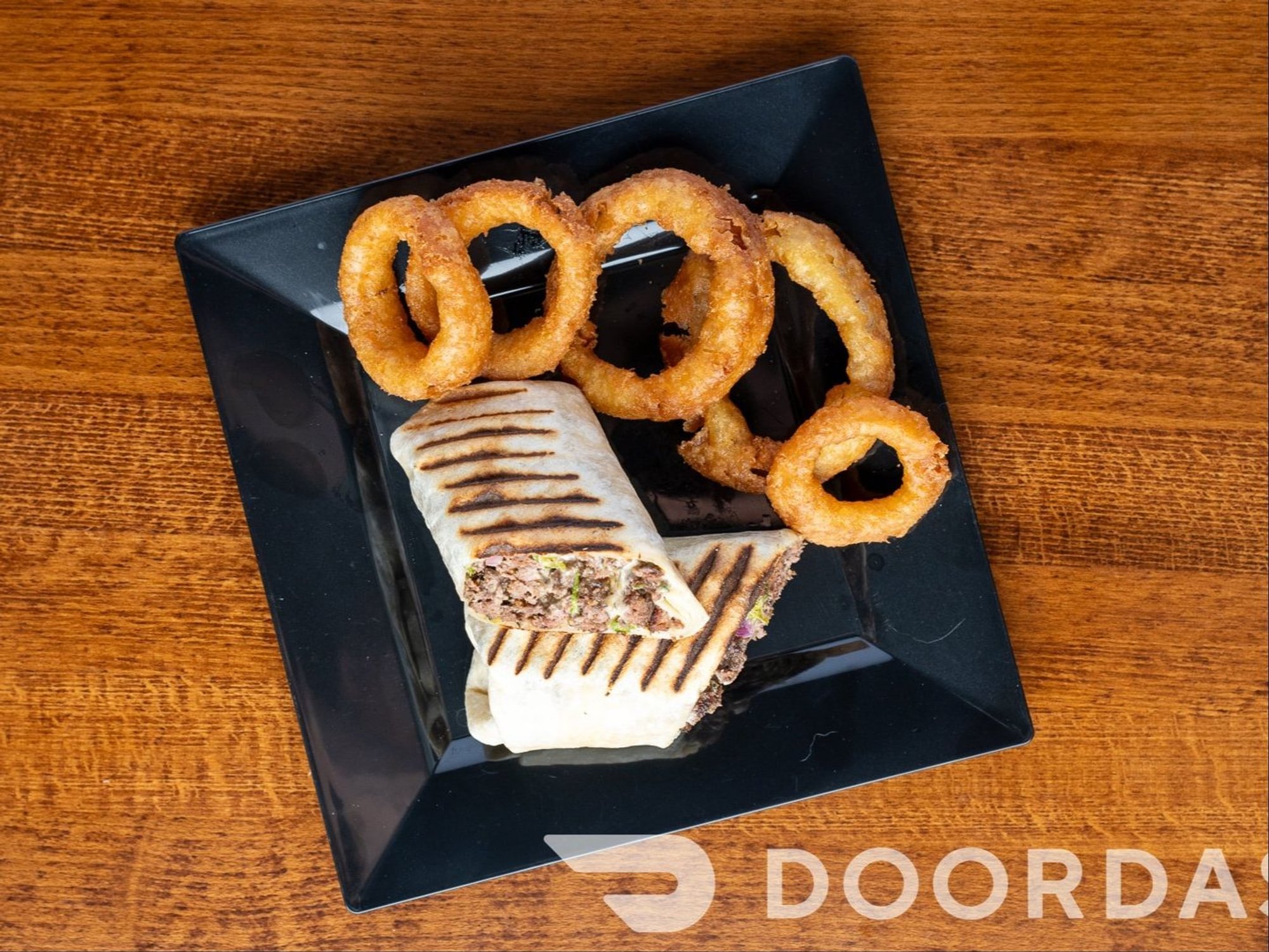 Smashed Beef Wrap with Onion Rings