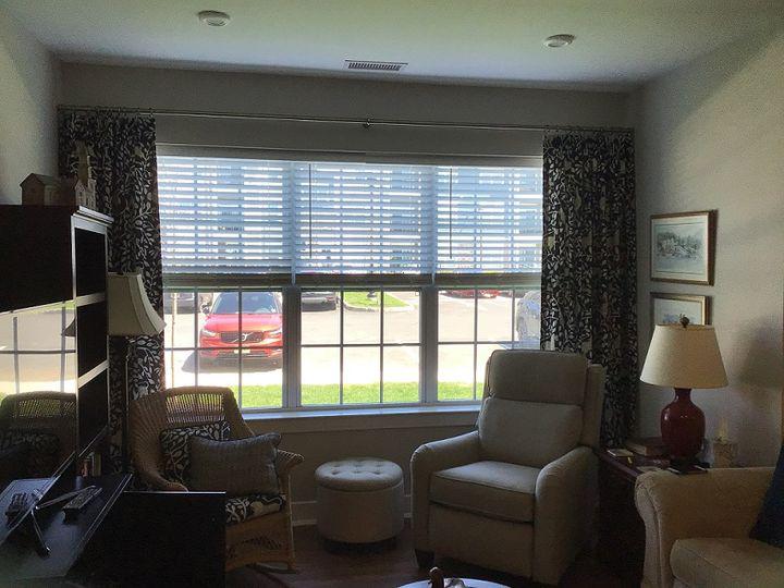 Composite Blinds and Draperies - name a better combo? These homeowners in Long Valley, NJ can now enjoy privacy in their living room with our Composite Blinds and have also added a homely warmth with our Patterned Drapes!  BudgetBlindsPhillipsburg  LongValleyNJ  CompositeBlinds  CustomDraperies  Fre