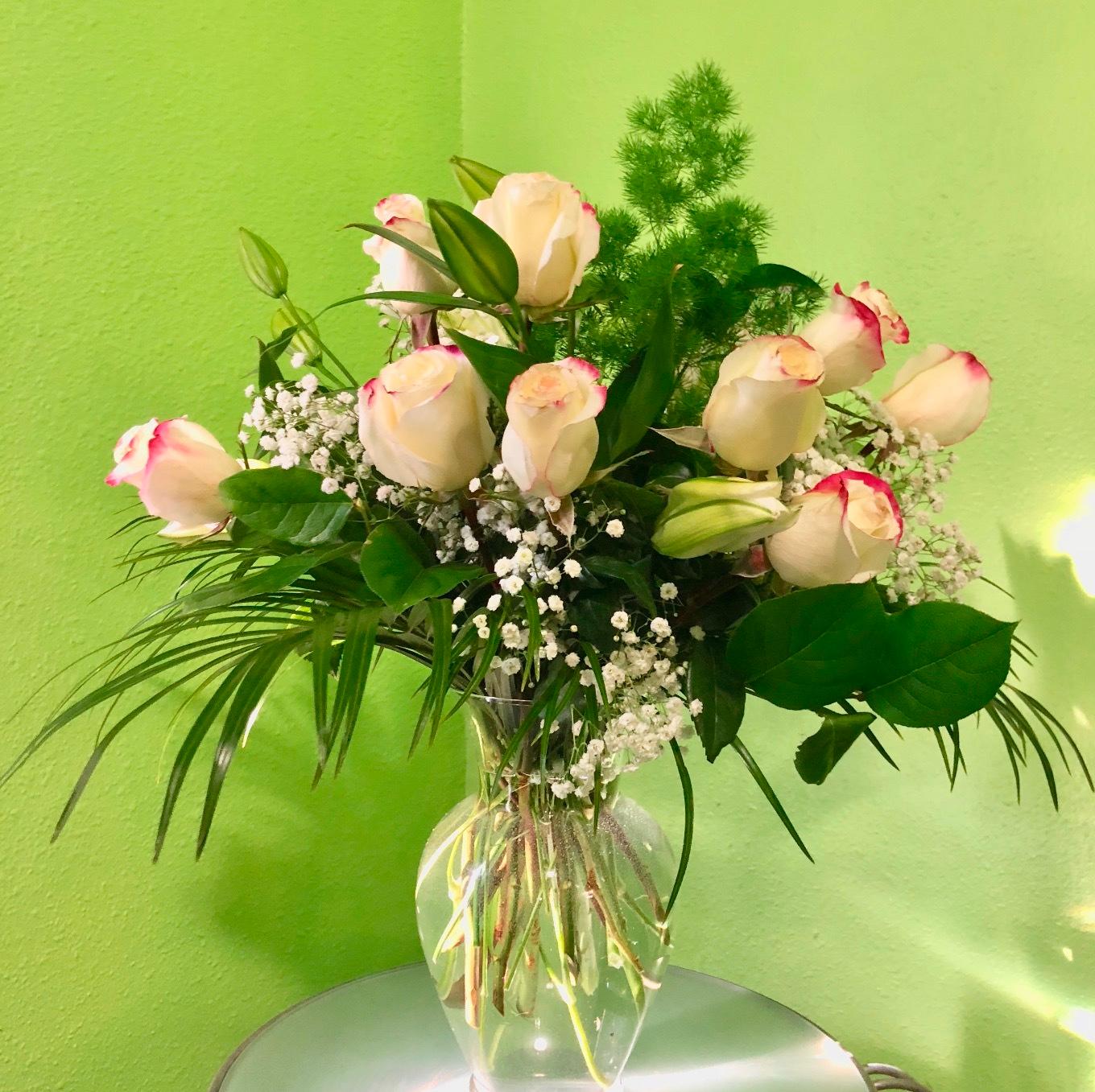 Pink and White Roses with White Oriental Lilies