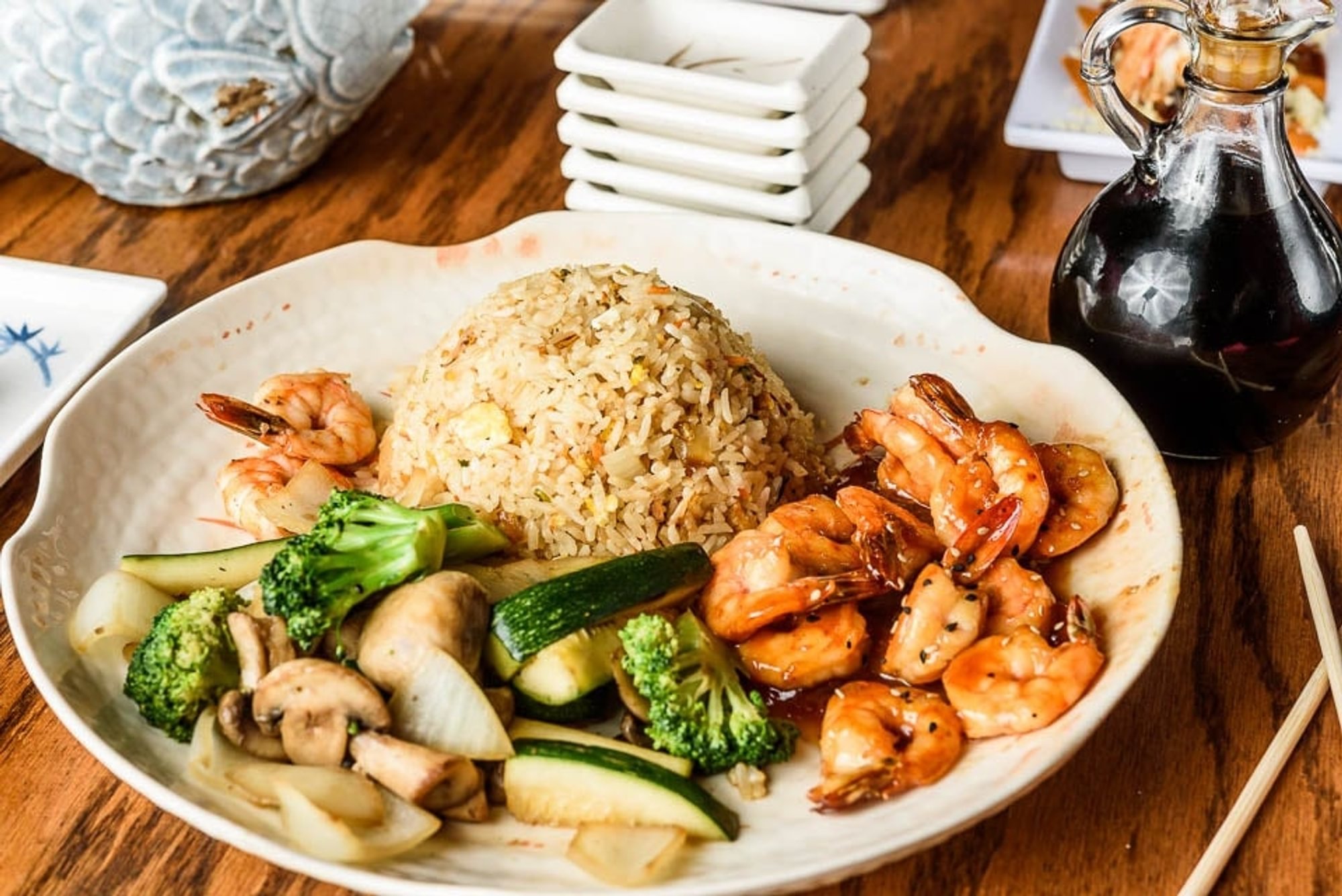 Teriyaki Salmon & Shrimp Dinner Plate •