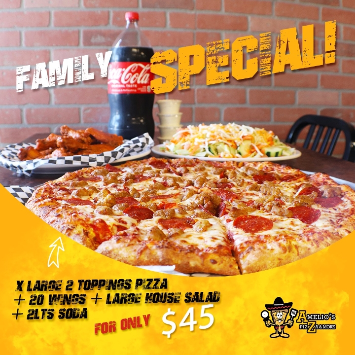 X-Large 2 Toppings Pizza, 20 Wings, Large House Salad & 2 Liter Soda