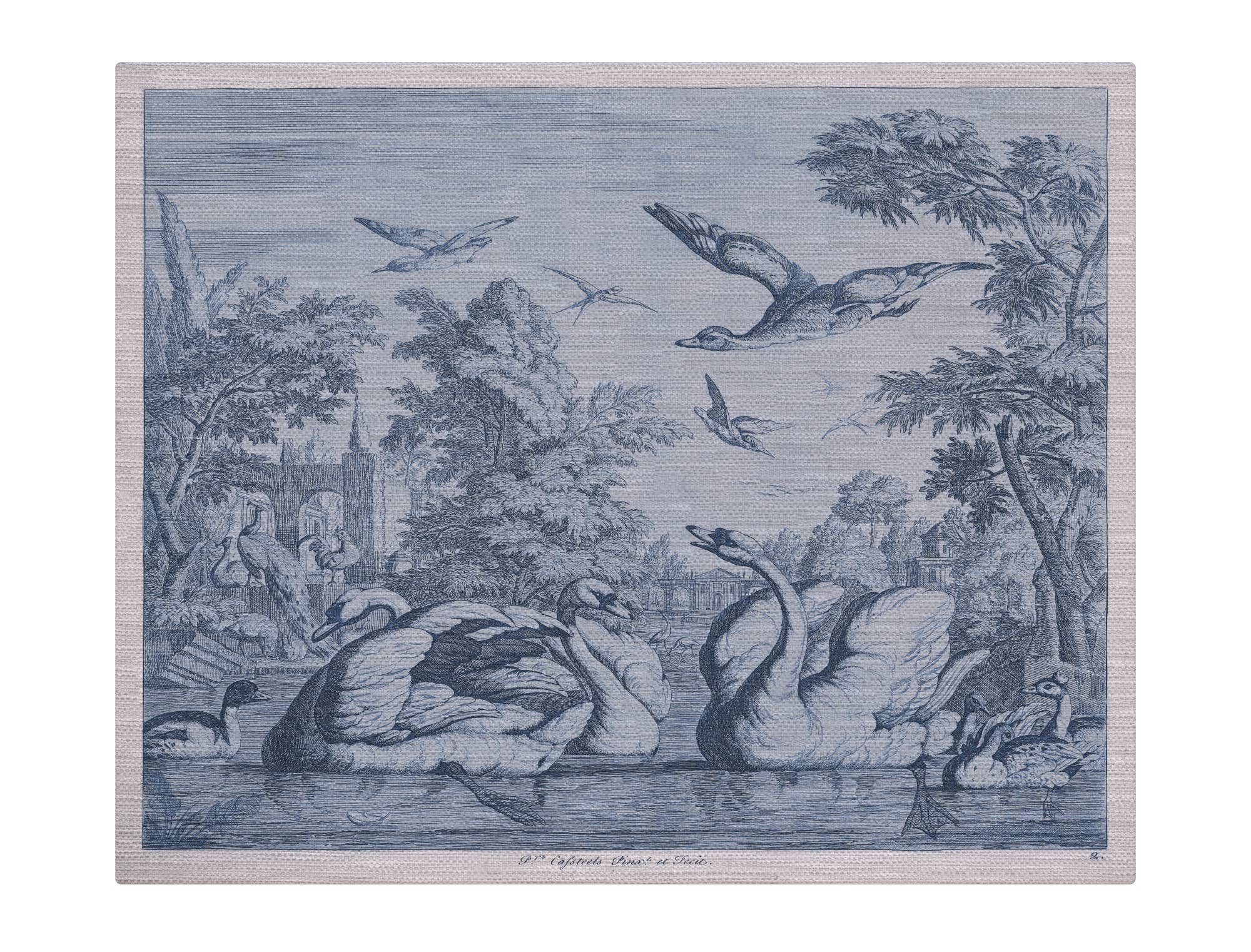 Swans in Toile Blue Fabric Gallery Wrapped Wall Art: 20x16"