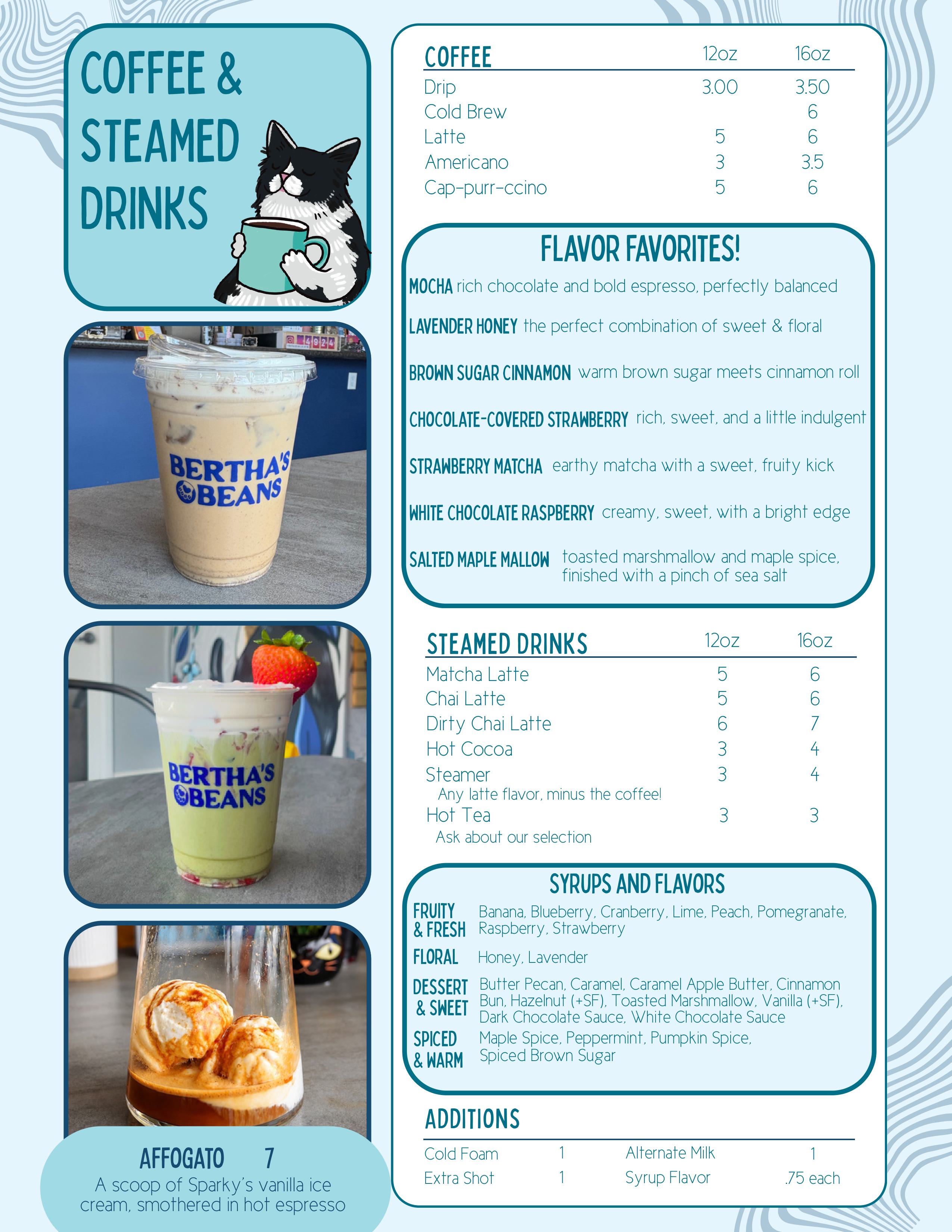 Bertha's Beans Cat Cafe Coffee & Steamed Drinks Menu