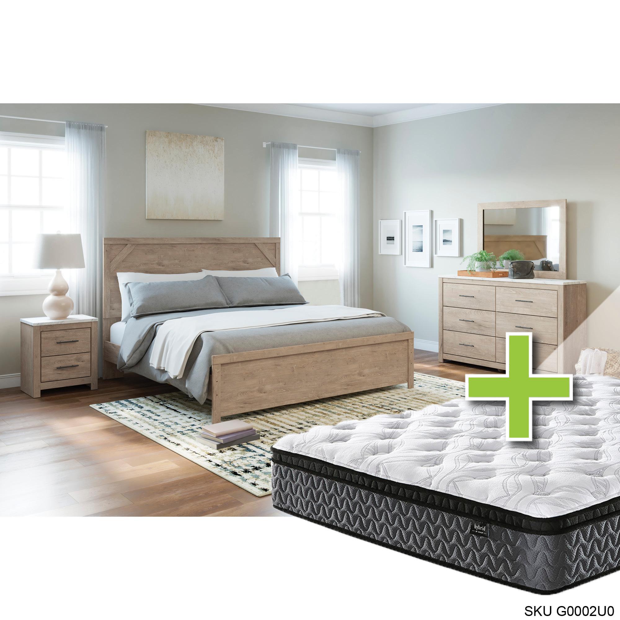 Queen Senniberg Bed w/12" Highland Premium Pillow Top Plush Memory Foam Mattress & Dresser, Mirror, 