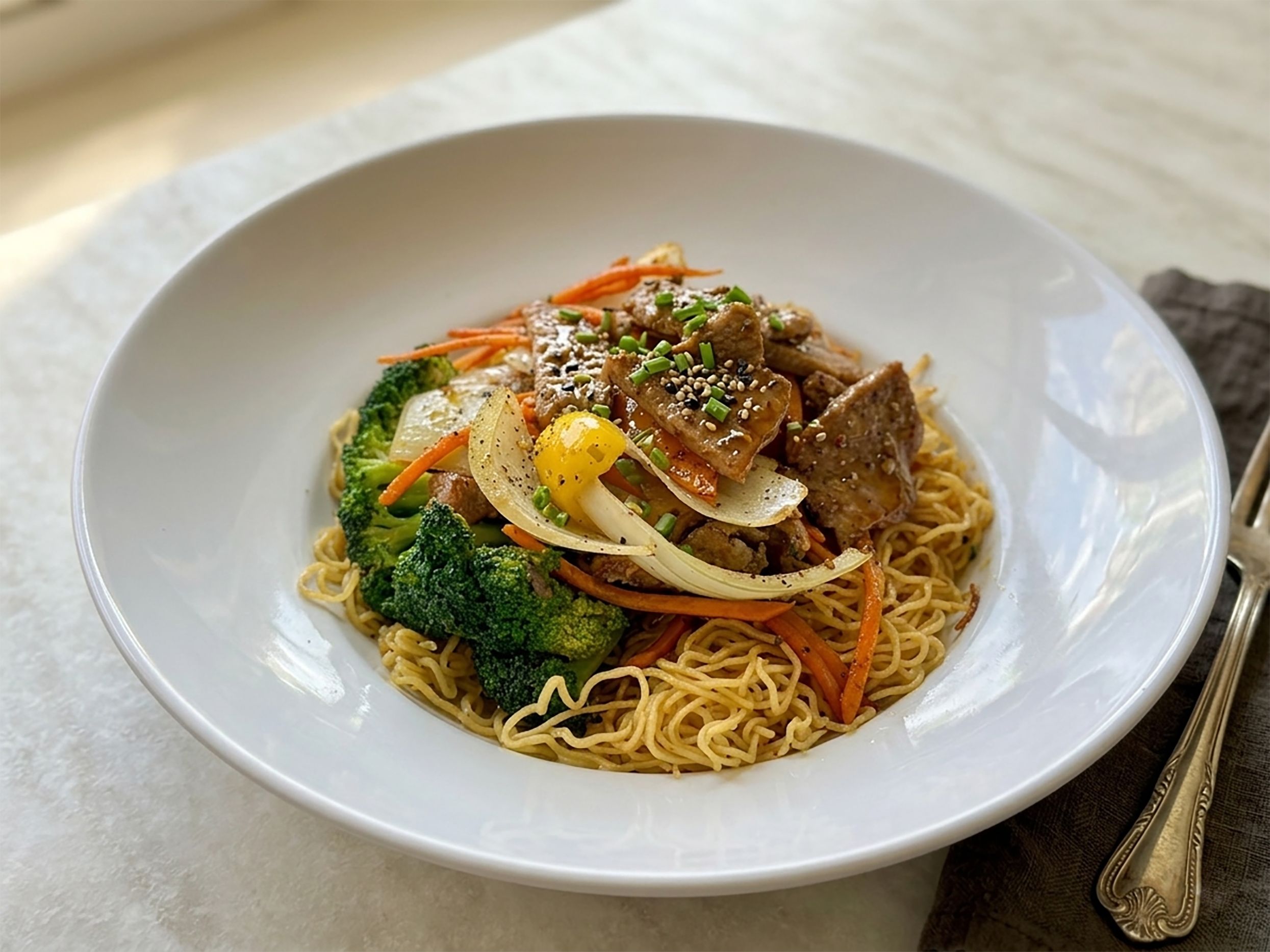 E1. Grilled Beef Egg-Noodle Stir-Fry