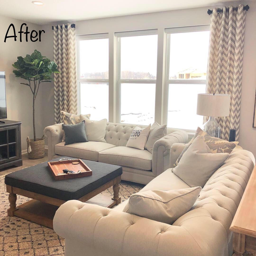 This Victoria customer added pizzazz to the living room with stationary panels in a fabric with a chevron pattern.