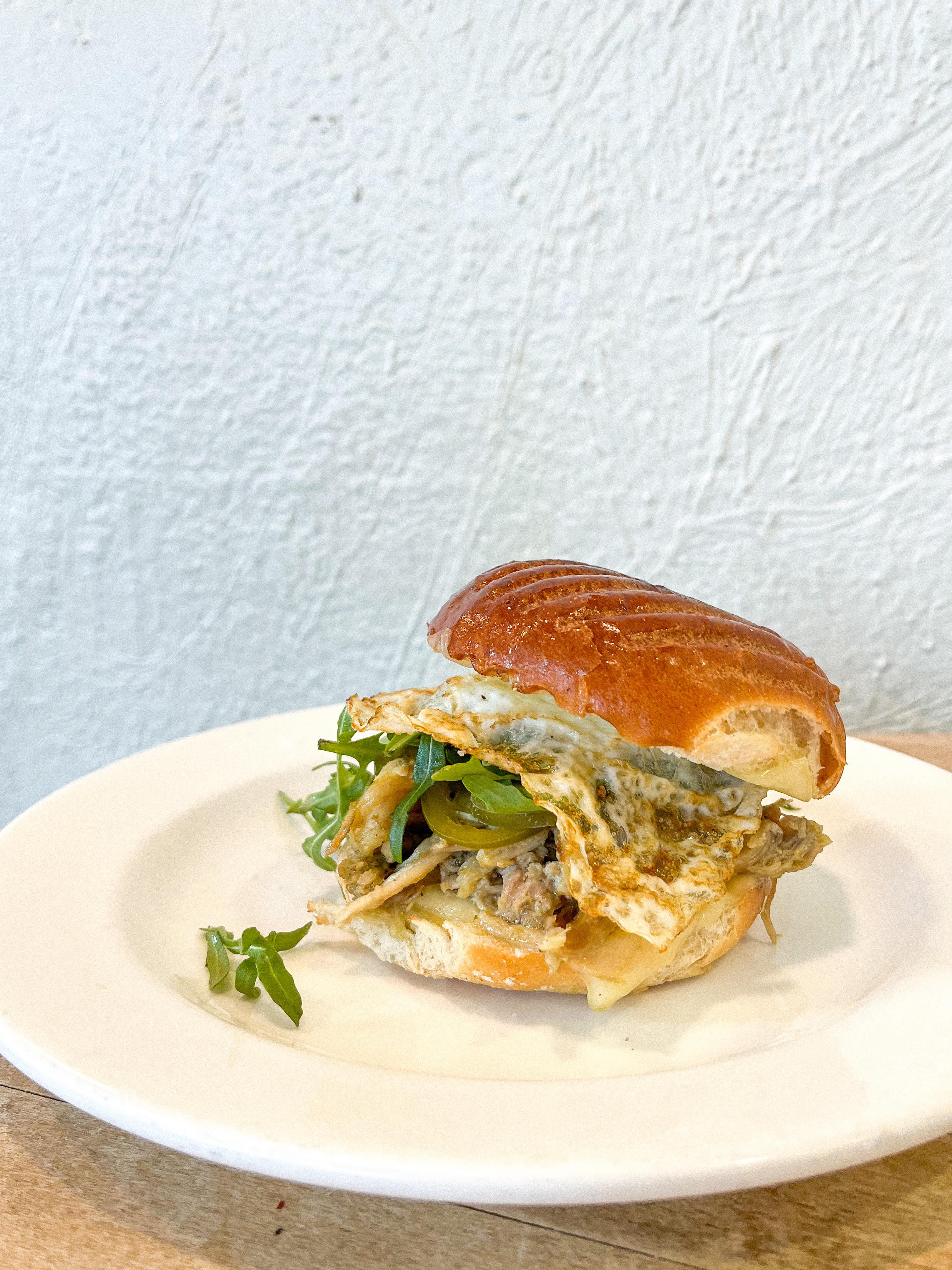 Pulled Pork, Crispy Egg & Cheese Breakfast Sandwich