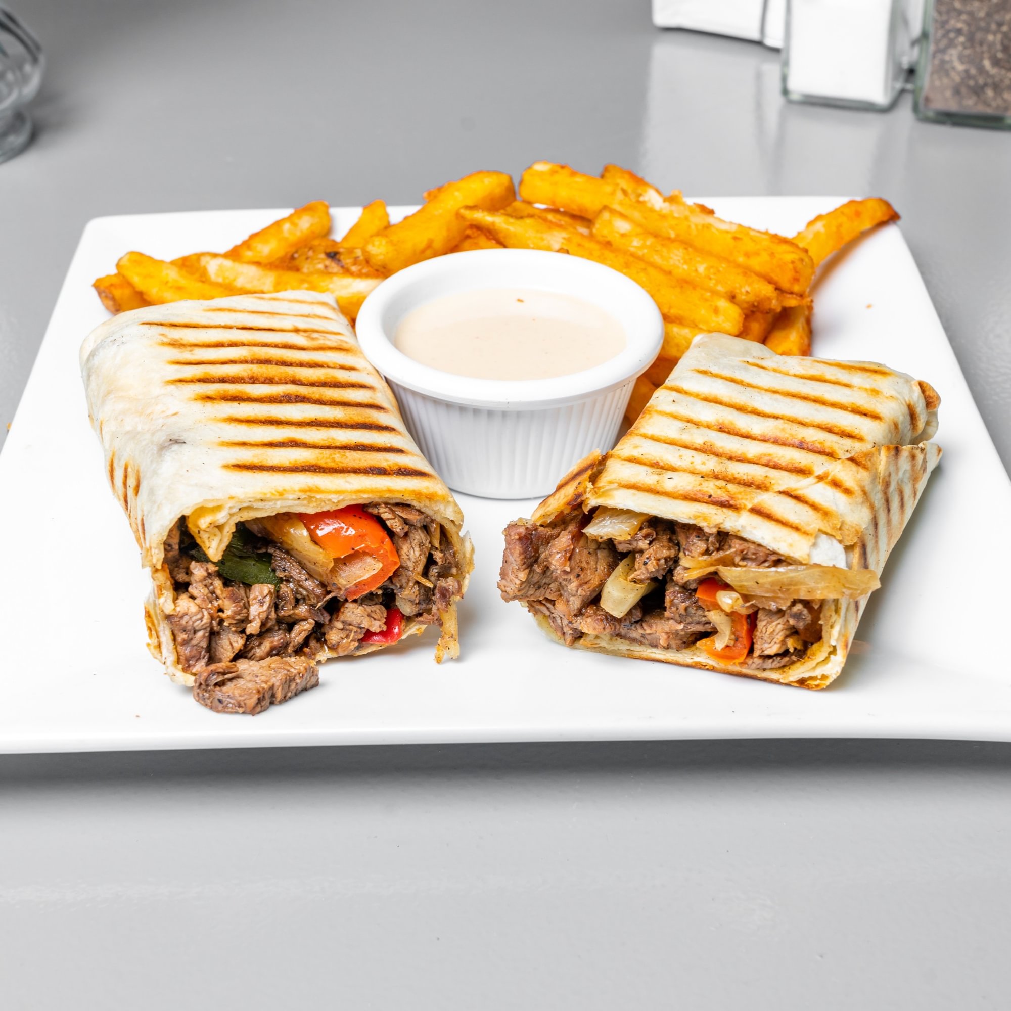 Beef Shawarma Sandwich with fries