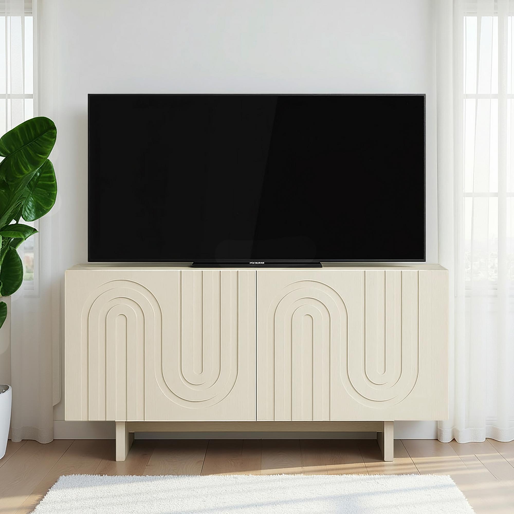 4-Door TV Credenza -Geometric Wood 