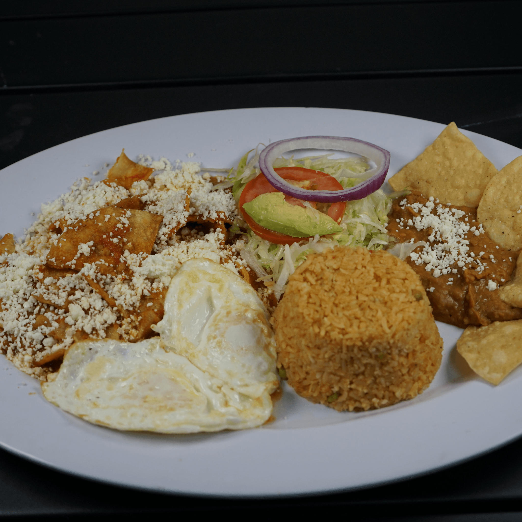 Chilaquiles with Rice & Beans
