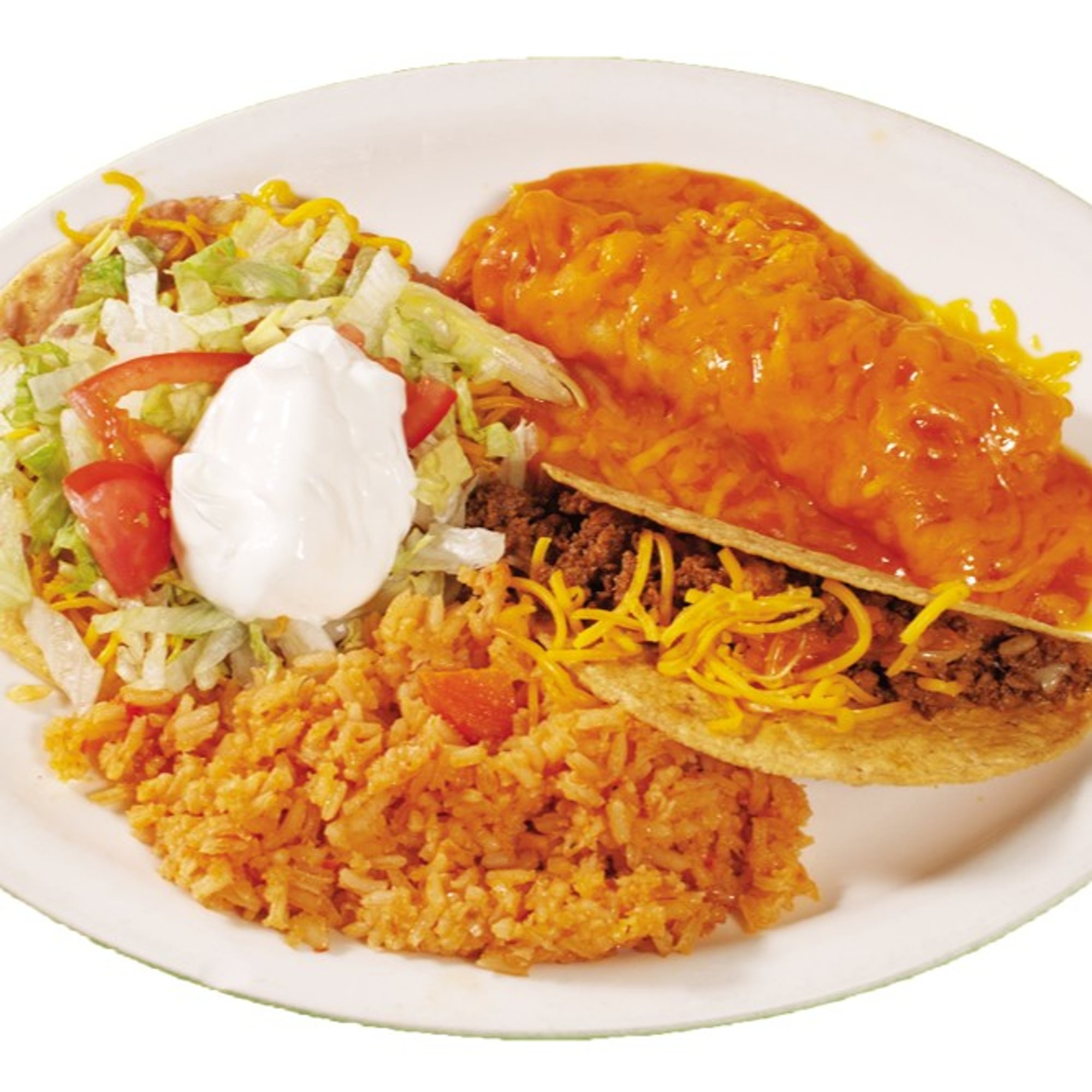32. 1 Crispy Beef Taco, 1 Enchiladas, 1 Bean Chalupa and Spanish Rice