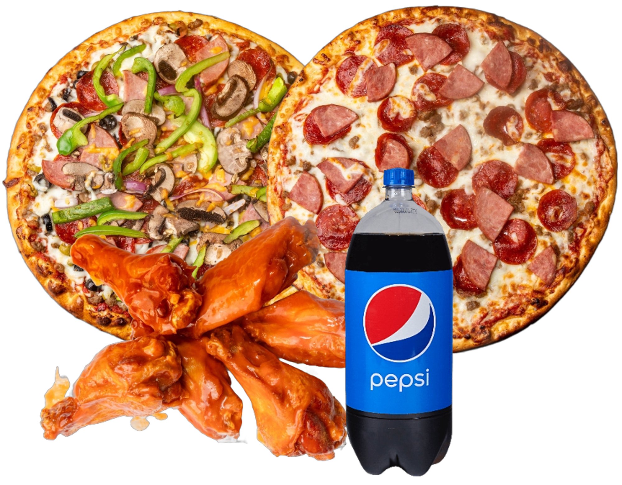 2 Large Specialty Pizzas, 8 Wings & 2 Liter Soda