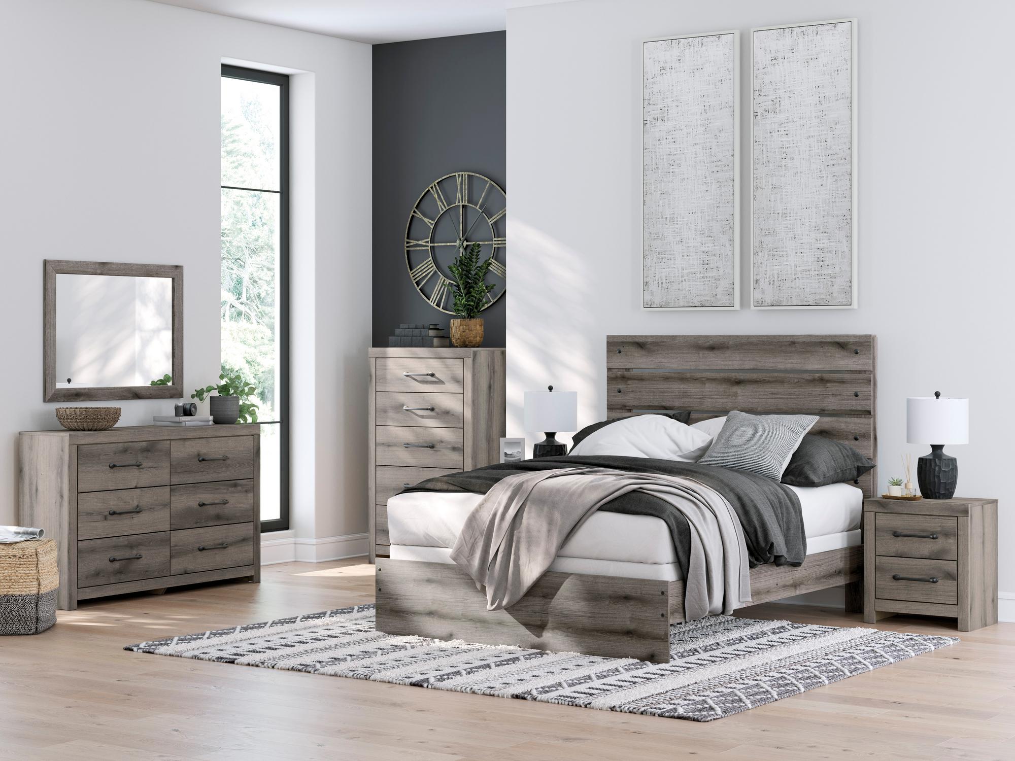 Queen Graystorm Bed w/Chest, Dresser, Mirror, Nightstand