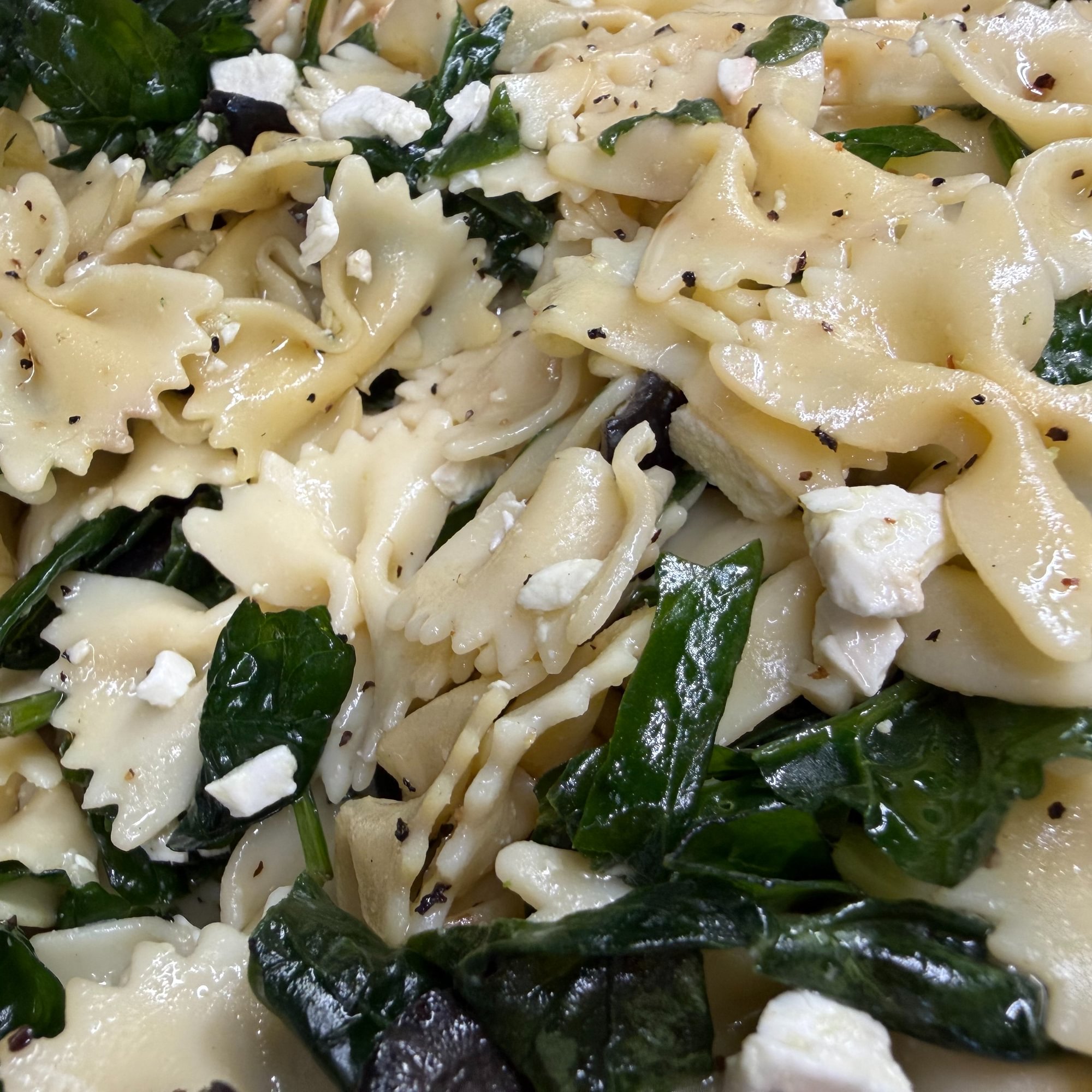 Home Made Bowtie Pasta, Spinach, Feta Salad