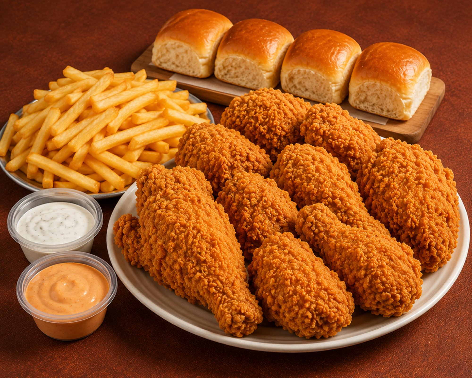 Chicken Broast 8 pieces, fries 4 rolls, 2 Dips